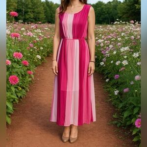 Katie Dress Medium Red/Pink Ombre Sleeveless Vertical Stripe Chiffon Waist Flaw